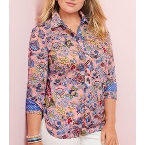 Talbots Womens Pink Floral Paisley Cotton Button Down Shirt Long Sleeve Small